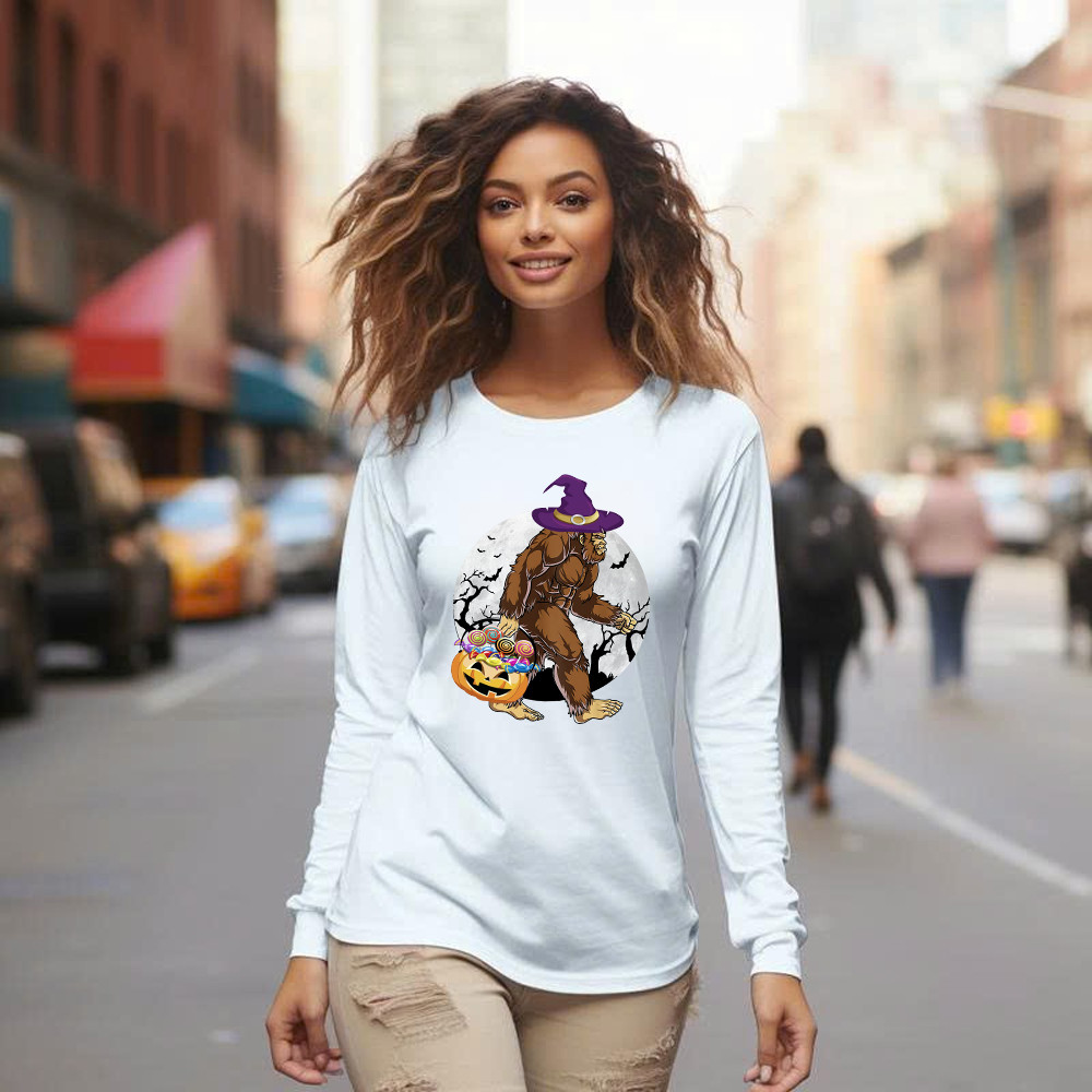 Bigfoot With Moon Halloween Shirt Funny Animal Holiday Long Sleeve Shirt Halloween Gift