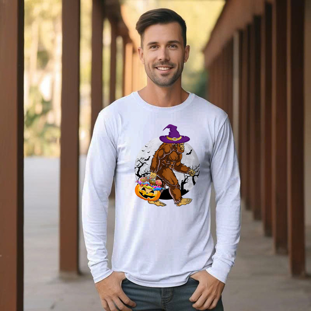 Bigfoot With Moon Halloween Shirt Funny Animal Holiday Long Sleeve Shirt Halloween Gift