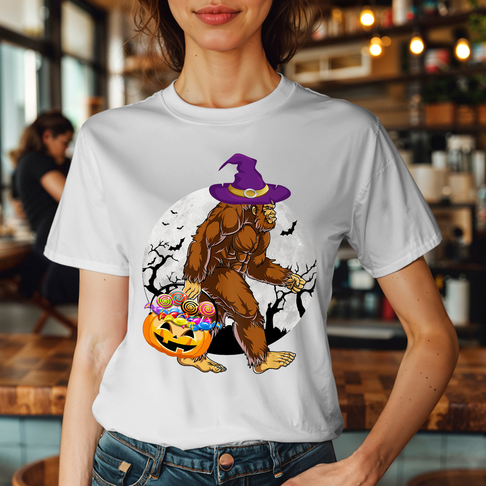 Bigfoot With Moon Halloween Shirt Funny Animal Holiday T-Shirt Halloween Gift
